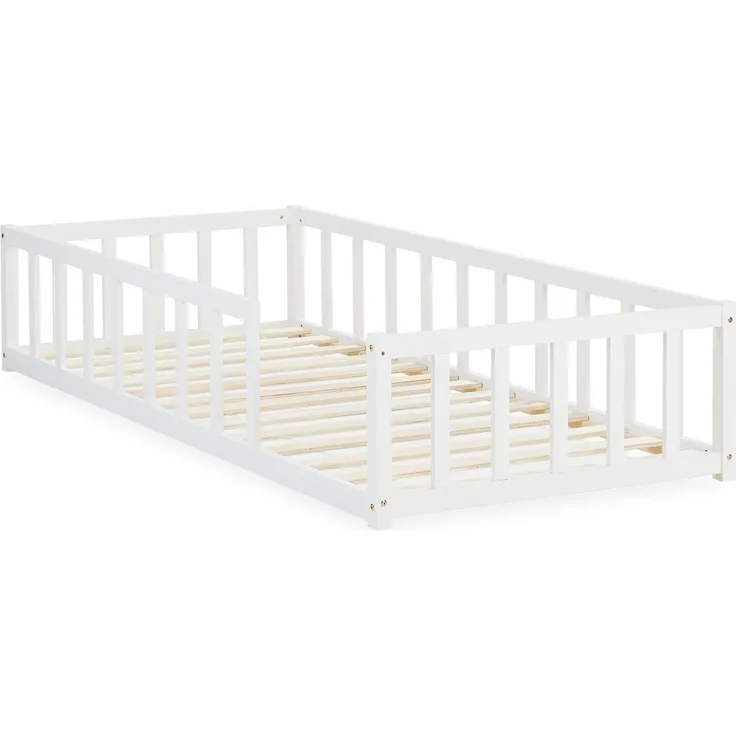 Kinderbett 90x200 Bodenbett mit Rausfallschutz Montessori Bett Kleinkindbett Holz Massiv Weiß Einzelbett Lattenrost Bettgestell