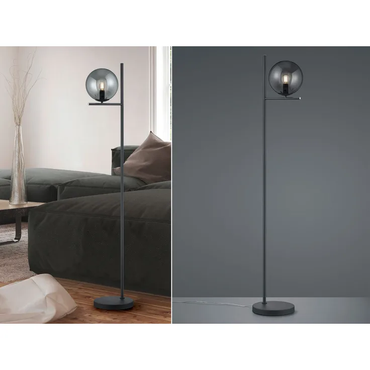 Design Stehleuchte PURE Anthrazit mit Lampenschirm Glaskugel Rauchfarbig, 150cm