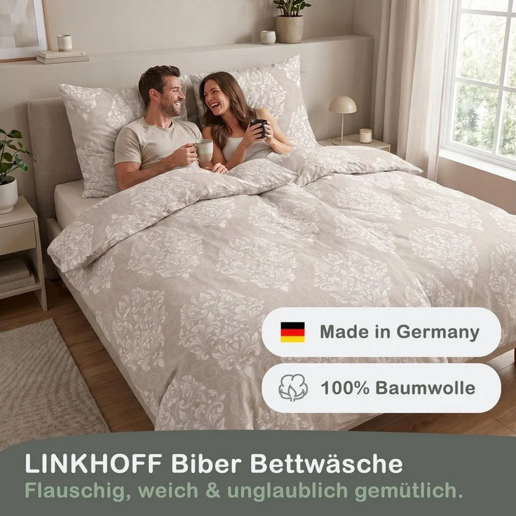 LINKHOFF Bettwäsche Biber Bettwäsche 135x200 oder 155x220 + 80x80 cm 2tlg. – Beige Weiß, Paisley Ornamente – 100% Baumwolle warme Feinbiber Winterbettwäsche – Bild 3