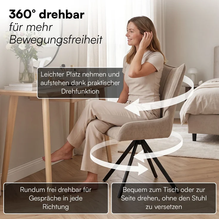 skølm 'Freyja' Esszimmerstühle, 4er Set, hellbraun, gepolsterter Leinenbezug, höhenverstellbar & drehbar, Polsterstühle mit Armlehnen – Bild 3