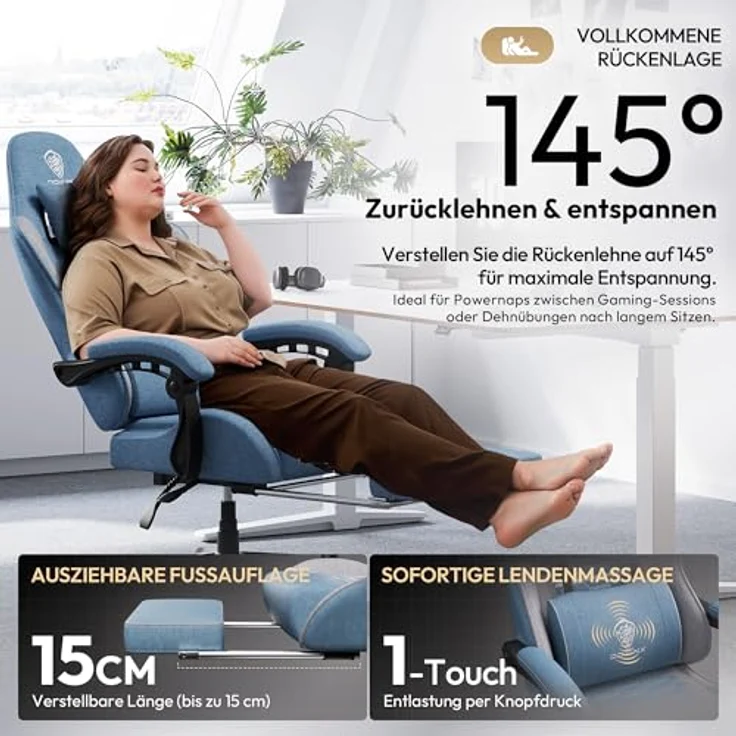 Dowinx Gaming Stuhl Tasche Frühling Kissen, Atmungsaktiver Bürostuhl aus Hochwertigem Stoff, Ergonomischer PC-Stuhl mit Kopfstütze, Drehbarer Schreibtischstuhl mit Fußstütze (Blau) – Bild 8