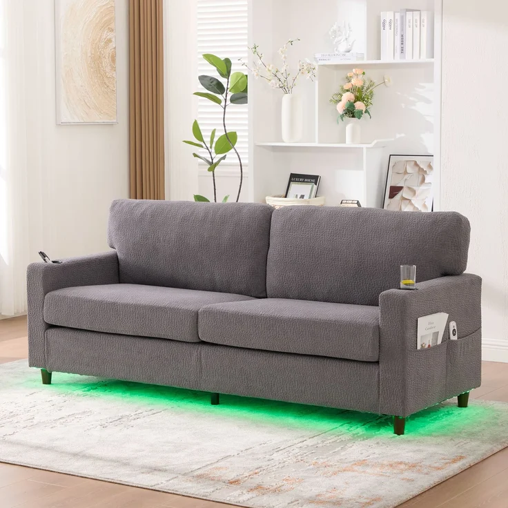 Zweisitzer-Sofa Chenille-Bezug, extraweiche Polsterung & hochverdichteter Schaumstoff, USB‑C, dimmbare LED‑Leiste,hellgrau – Bild 1