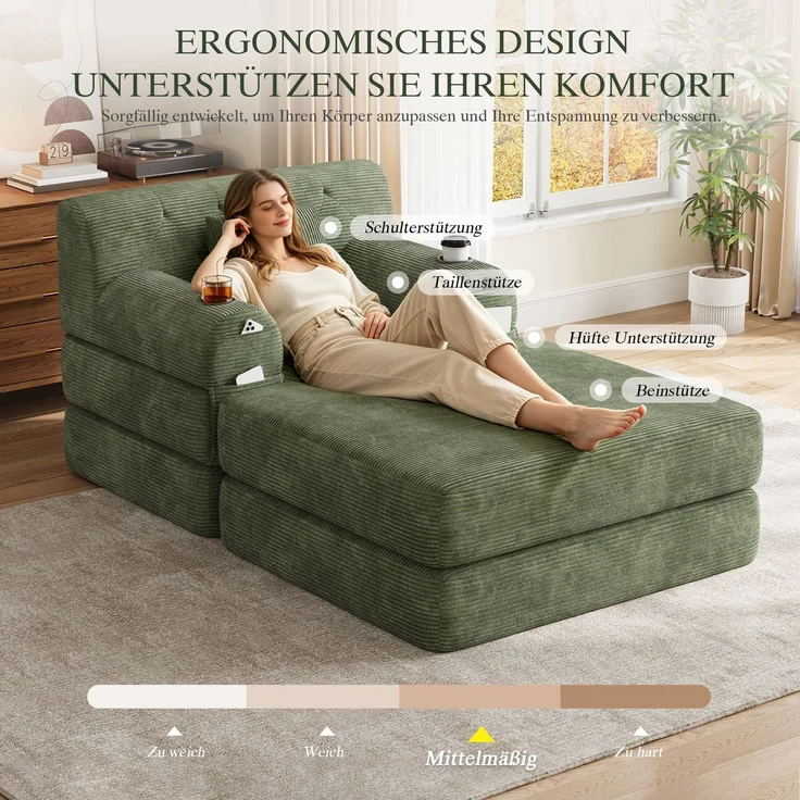 ZUBALIYA Schlafsofa 162x81 cm, mit Stauraum, mit Samtbezug, mit Cordbezug, mit Knopfheftung, mit breiten Armlehnen, Grün – Bild 7