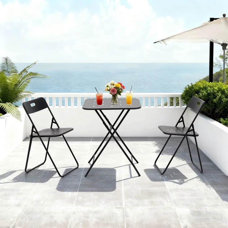LVHOM Bistroset 3-tlg, Gartenmöbel-Set mit klappbaren Stühlen und Tisch, Balkonmöbel Set aus Stahl, wetterfeste Sitzgruppe, Schwarz – Bild 3