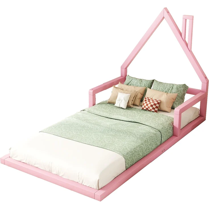 Bett 90x200 cm Hausform aus Kiefer massiv in Rosa – kindgerechtes, schlichtes Design – Bild 5