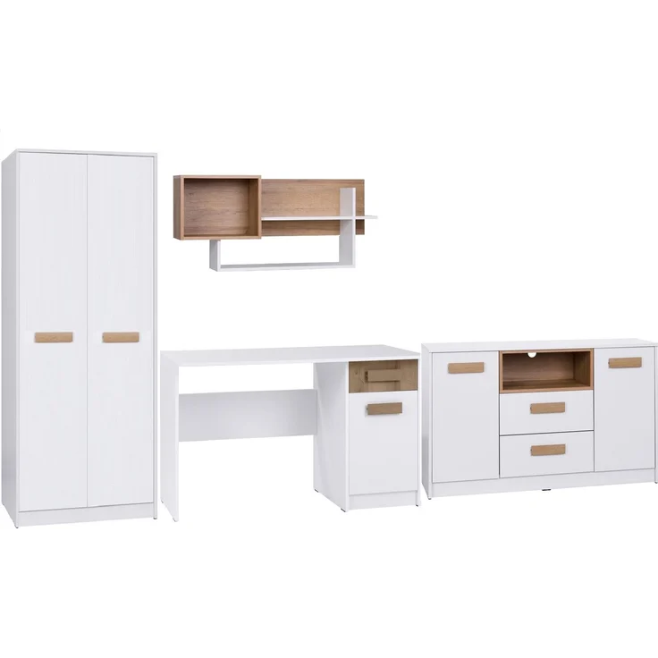 Marmex Möbel Grant Set-U Jugendzimmer Komplett-Set 4-teilig mit Kleiderschrank, Kommode, Schreibtisch, Wandregal, Kinderzimmermöbel mit Schreibtisch, laminierte Spanplatte, Kleiderstange, weiß+riviera Eiche, 322,5x195x55 cm – Bild 6