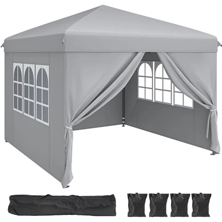 YITAHOME Pavillon mit Seitenwänden, 3x3 m wasserdichte zusammenklappbares Garten Vordach, Ganzjahres Camping Pavillon UV-Schutz mit Heringen,Seil,Tragetasche,Gewichtsbeuteln Veranstaltungen,hellgrau – Bild 8