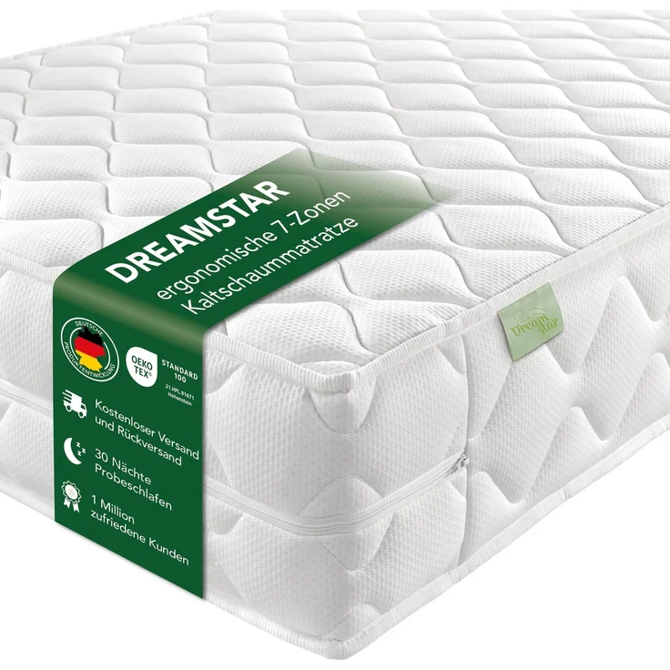 DREAMSTAR Ergo Flex XXL Duo 7-Zonen Matratze 200x200 cm | H3&H4 | Ergonomische Kaltschaummatratze | Hypoallergen & Antibakteriell | Bezug abnehmbar & waschbar | Öko-TEX® | (22cm, 200x200 cm)