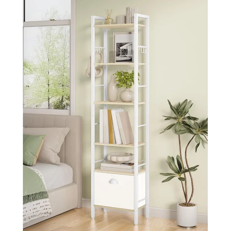 Bücherregal, 6 vertikale Regale mit 1 Zusammenklappbare Stoffschubladenund 4 Haken, offene Regale, Metallrahmen, geeignet für Arbeitszimmer, Wohnzimmer Weißeiche