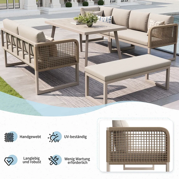 Merax Gartenmöbel Set mit Sitzkissen & Rückenkissen, Garten-Lounge-Set, Garten Loungesessel für 6-8 Personen, SetHandgeflochtene PE-Rattan Polstergruppe, Beige – Bild 5