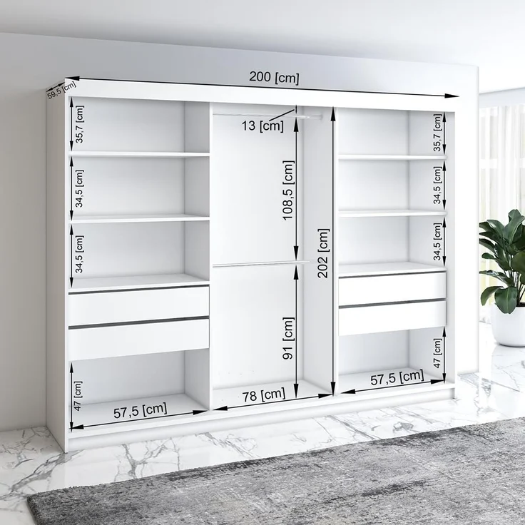 A&J MöbelLand Schwebetürenschrank FARA 200 cm, mit 4 Schubladen, Spiegel, 3D Lamellen – Bild 3