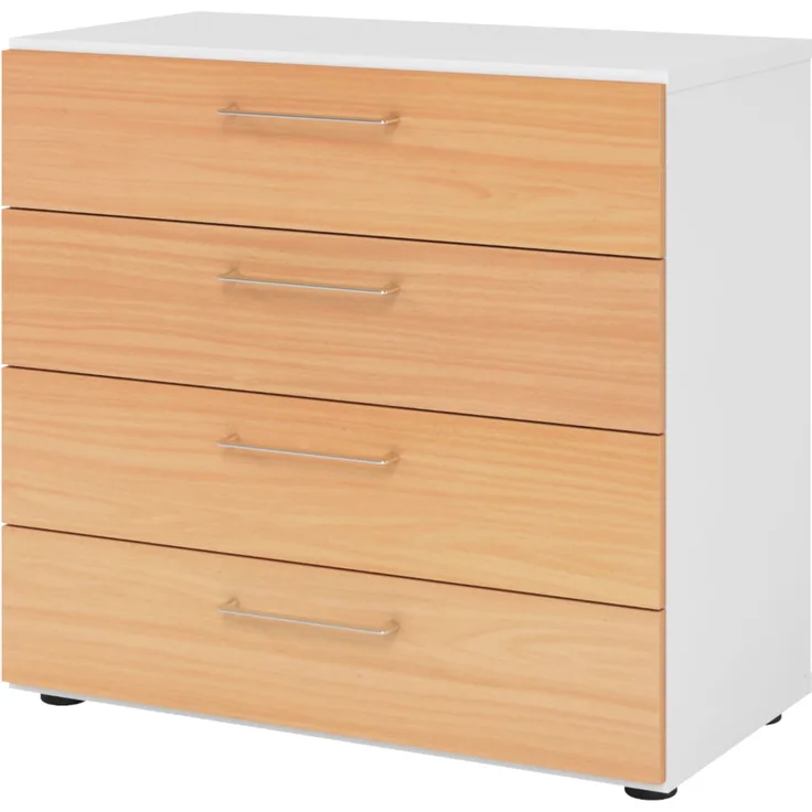 bümö smart Schubladenschrank, Büroschrank 80cm breit in Weiß/Buche mit 4 Schüben - Bürocontainer aus Holz, Container mit Metallgriffen & Soft-Stop Schubladen, 928S4-W-6-BS