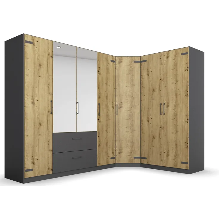 Eckkleiderschrank >Butte< in Eiche Artisan Dekor / grau - 266x197x176 (BxHxT)