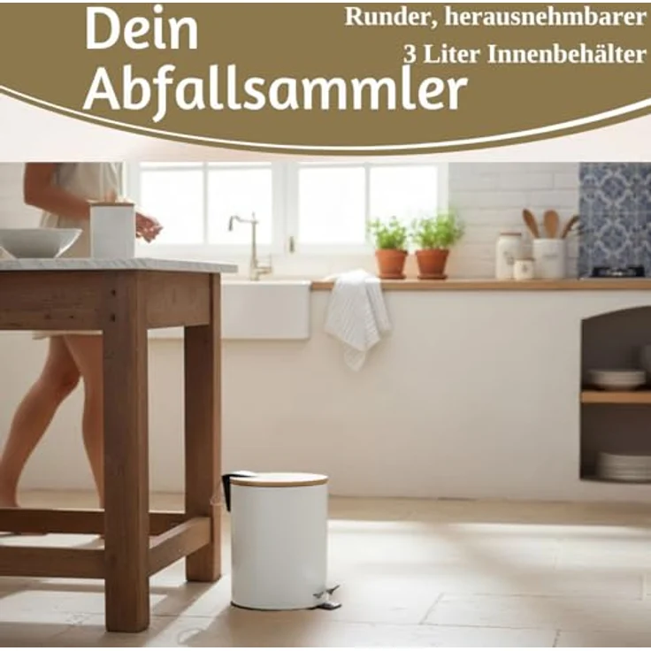 LS-LebenStil Kosmetikeimer Tretmülleimer 3L, Weiß Matt, Soft Close mit Bambus Deckel, Rund mit herausnehmbarem Inneneimer für Bad und Küche – Bild 4