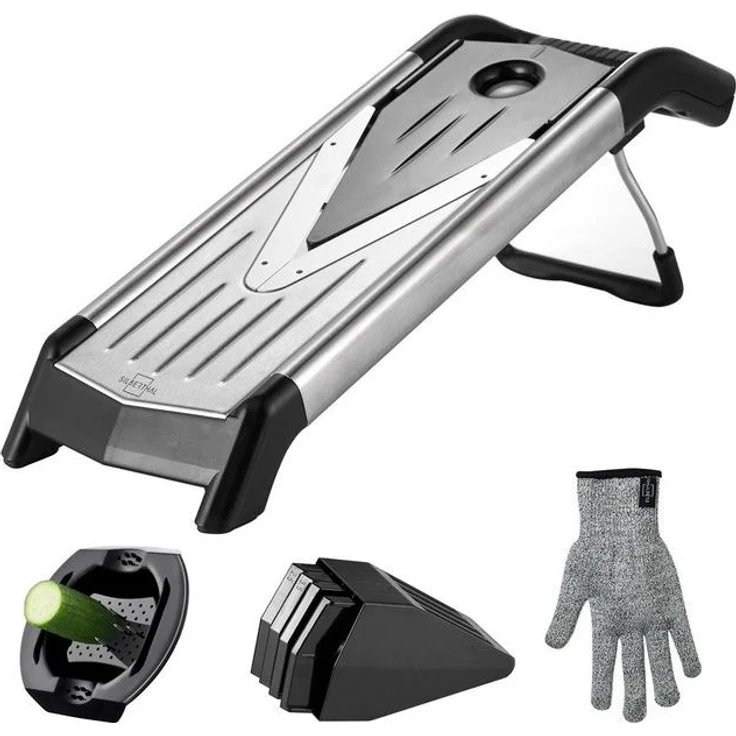 SILBERTHAL Gemüsehobel V-Hobel mit Einsätzen, extra scharfe Klingen, Edelstahl, Kunststoff, mit Sicherheitshandschuh, Klingenaufbewahrung – Bild 4