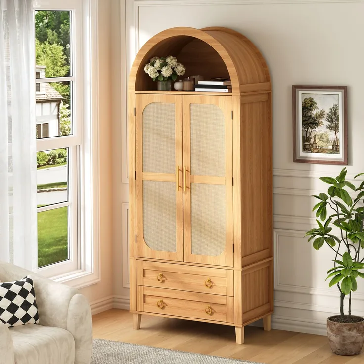 Hochschrank 76 x 40 x 179,5 cm in Natur mit Rattan-Dekor und App-gesteuerter LED-Beleuchtung