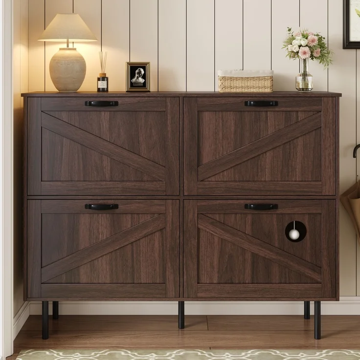 Merax Schmaler Schuhschrank mit 3 Klappen, mit Ablage für Tierspielzeug, Schuhregal, Schuhablage, Natural walnut – Bild 3
