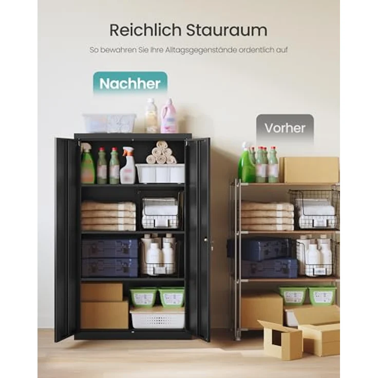 SONGMICS Aktenschrank, Metallschrank, Aufbewahrungsschrank, Büroschrank abschließbar, mit 2 Türen, aus Stahl, 80 x 40 x 140 cm, 3 verstellbare Ablagen, Mattschwarz OMC020BD01 – Bild 5