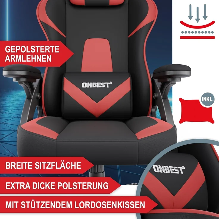 Onbest Gaming-Stuhl ergonomisch mit Lordosenkissen bis 150kg, 360°, verstellbare Armlehnen Kopfstütze Rückenlehne – Bild 5