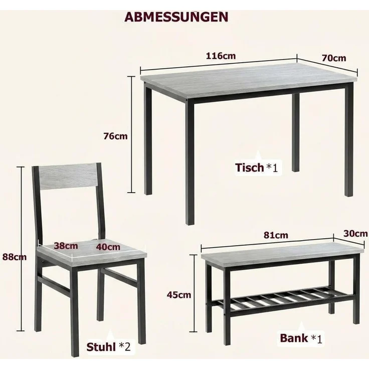GarveeMore Essgruppe Esstisch-Set für 4, Esstisch mit 2 Stühlen und 1 Bank Platzsparend – Bild 2