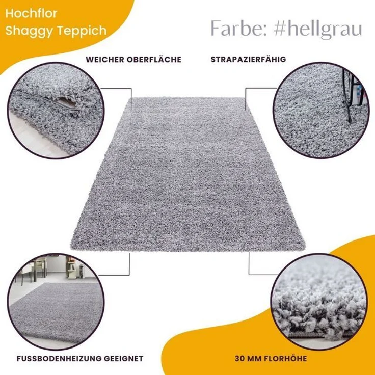 Teppium Teppich Unicolor - Einfarbig, Rund, Höhe: 30 mm, Einfarbig Shaggy Teppich Wohnzimmer Langflor versch. farben und größen – Bild 4