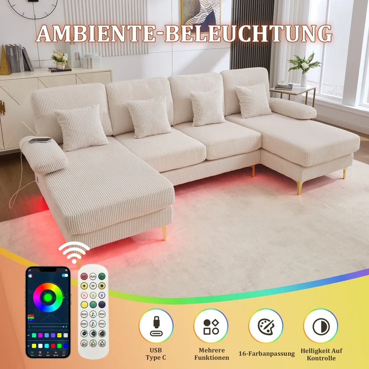 LVHOM U-Form Ecksofa mit Schlaffunktion & LED-Beleuchtung, Wohnzimmersofa mit USB-Anschluss, Cord Stoff Couch Sofa – Bild 4
