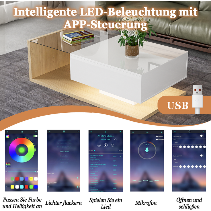 Couchtisch aus Spanplatte mit Glasplatte & LED-Licht, 105x55x32,5 cm, Weiß/Natural – Bild 7