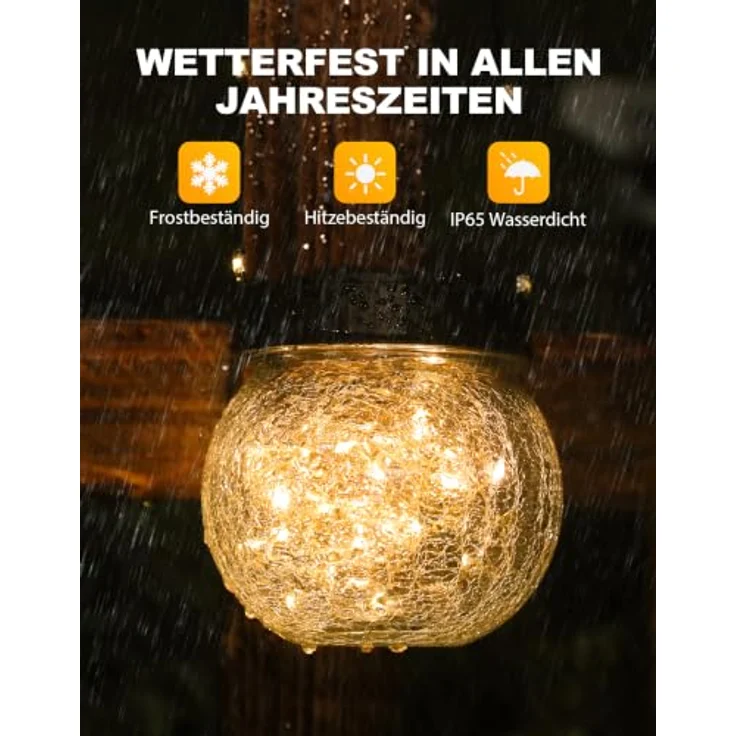 ROTTOGOON 6 Stück Solarlampen für Außen Hängend, Rissmuster Glaskugeln | Dekorative Hängend Solarbeleuchtung mit Griff, IP65 wasserdicht, Solarleuchten für Weihnachtsdekoration, Balkon, Terrasse – Bild 4