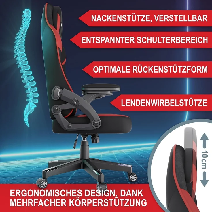 Onbest Gaming-Stuhl ergonomisch mit Lordosenkissen bis 150kg, 360°, verstellbare Armlehnen Kopfstütze Rückenlehne – Bild 3