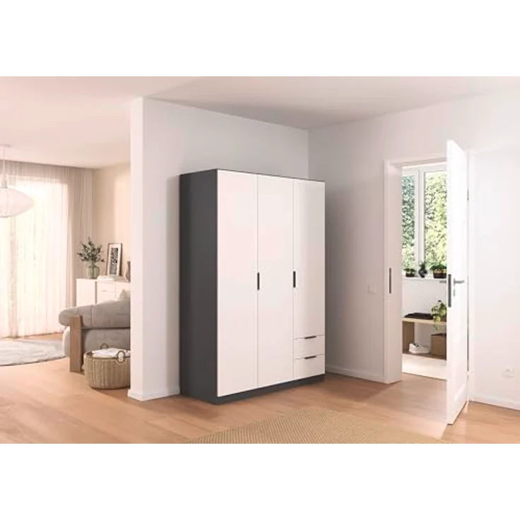 Rauch Möbel Lagoa, Kleiderschrank, Garderobe für Schlafzimmer, Kinderzimmer, Jugendzimmer 3-türig, 2 Schubladen, mit Zubehör Classic, Farbe Weiß/Grau metallic, Schwarz, Breite 136 – Bild 3