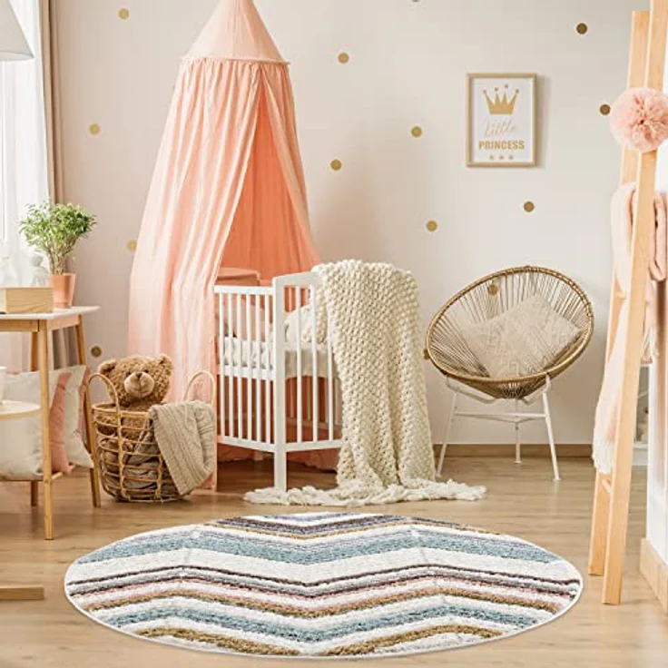 Teppich Rund - Hochflor - 120x120cm - Boho - Geometrisch Zick Zack - Muster -Pastellfarben Multi - Skandinavisch Flauschig Weich - Wohnteppich Schlafzimmer Dekoration – Bild 7