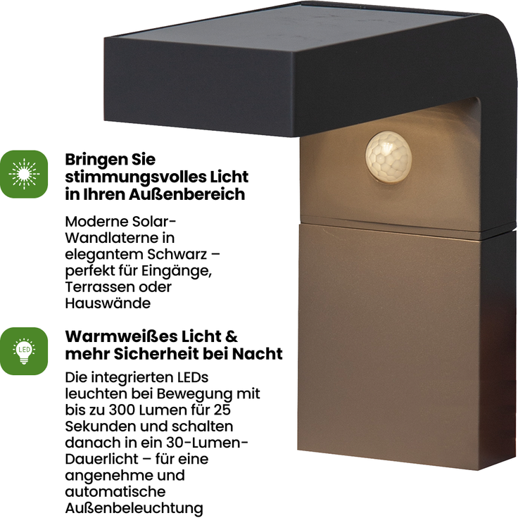 Star Solar LED Wandlaterne „Vici“ - mit Bewegungs- und Dämmerungssensor - 300 Lumen Lichtimpuls & sanftes Dauerlicht - Warmweiß - Für den Außenbereich - 20 cm Höhe - Schwarz – Bild 2