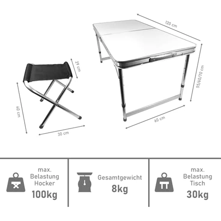 Campingtisch Set 5-teilig, Klapptisch mit 4 Camping Hocker – Bild 3