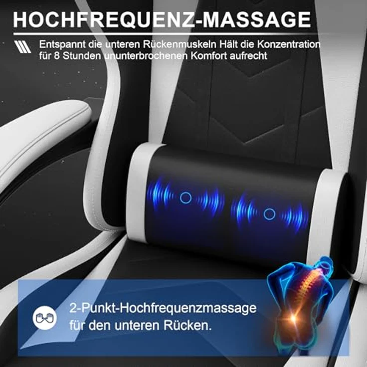 JUMMICO Gaming Stuhl, Bürostuhl Ergonomisch Mit Massagefunktion, Gamer Stuhl verstellbare Rückenlehne 90-135°,und fußstütze, Gamingstuhl 150 kg belastbarkeit, Weiß – Bild 5