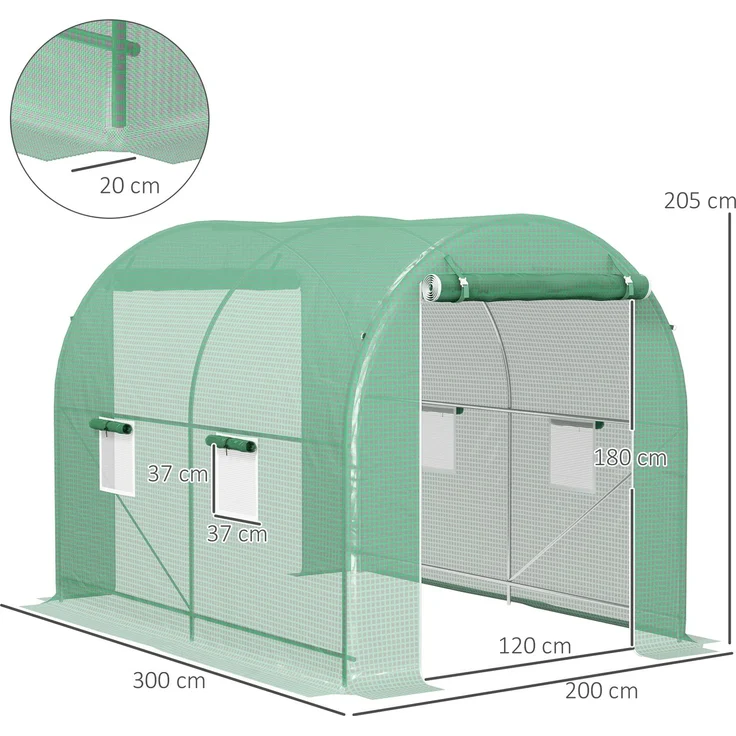 Wohnora-Tunnelgewächshaus, 6 m² Grundfläche, verstärkte Rohrkonstruktion, Reißverschlusstür, 4 aufrollbare Fenster, grün,H 2100cm x T 1580cm x B 2000cm – Bild 4