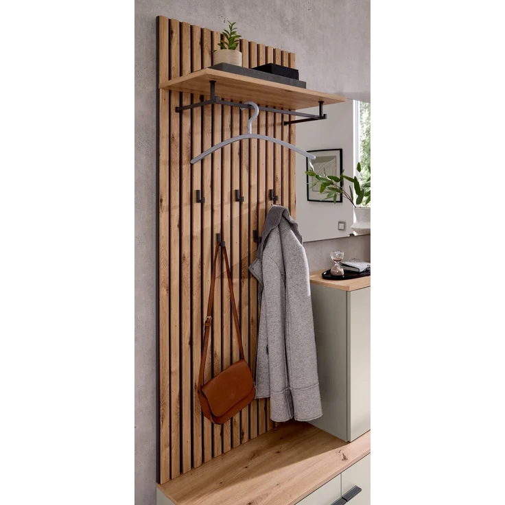 XORA 'FYNN' Garderoben-Set in Lamellen-Optik, Holznachbildung Kaschmir, 148 x 199 x 38 cm, mit Spiegel und Schublade – Bild 5