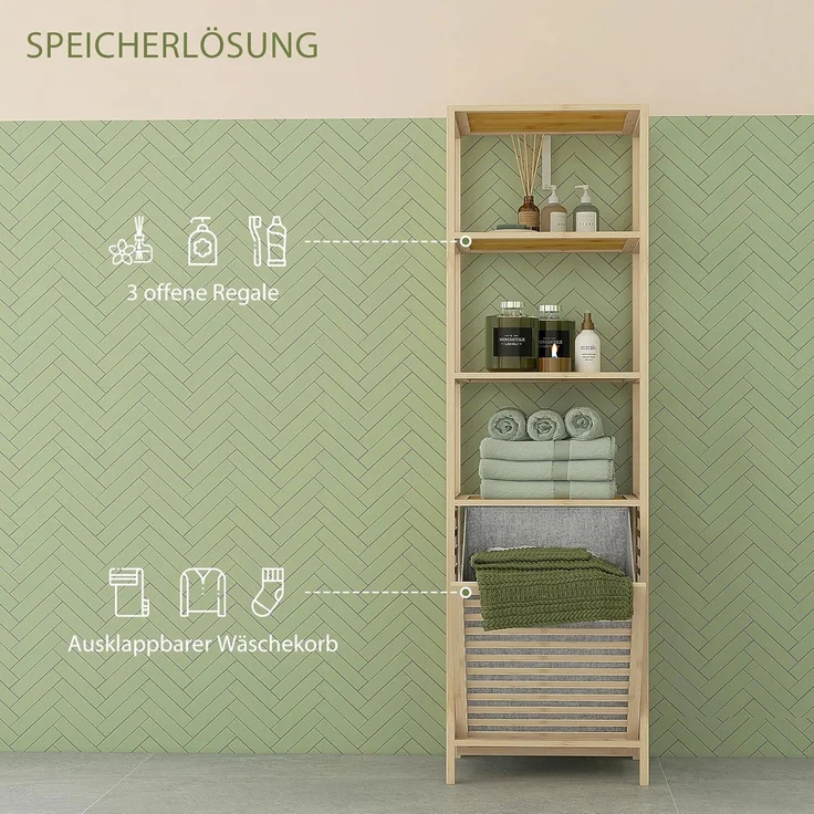 HOMCOM Badregal mit Wäschekorb, schlanker Bambus-Badezimmerschrank, Badezimmerregal 1-tlg, für Badezimmer, Naturholz – Bild 4