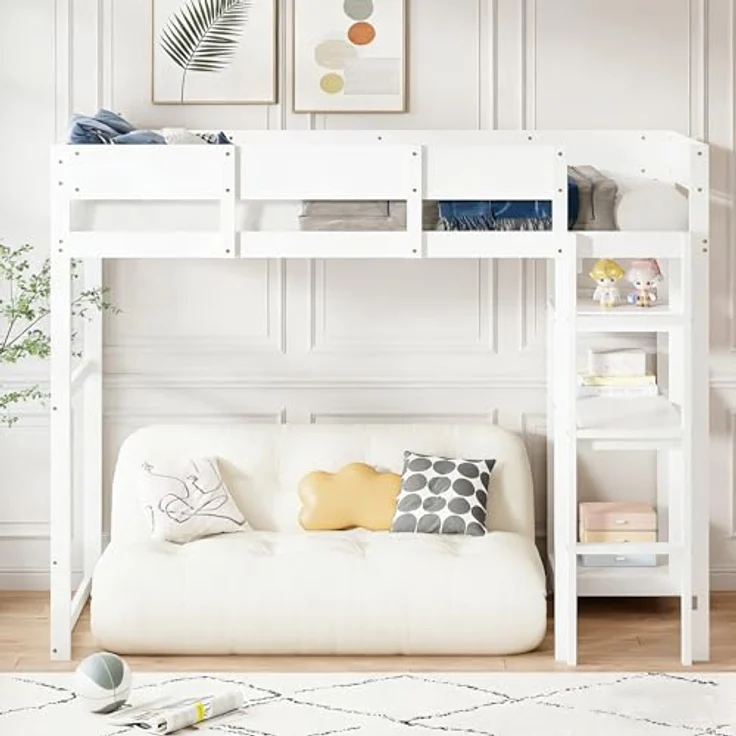 Ball & Cast Loft Bed (90x200 cm) mit Lagerregal, Holzerner Bettgestell mit Leiter und Geländer, Einfach und Zeitsparend Montierbar, Stabil & Rauschlos, Weiß – Bild 7