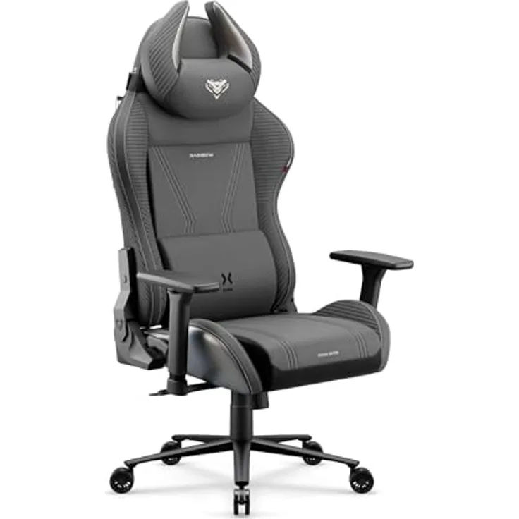 Diablo Gaming Stuhl ergonomisch Stoff Gaming Chair 140 kg belastbar Bürostuhl Gamer Stuhl mit 3D Armlehnen Lendenkissen Kopfkissen Wippfunktion Verstellbarer Rückenlehne Rainbow Grey
