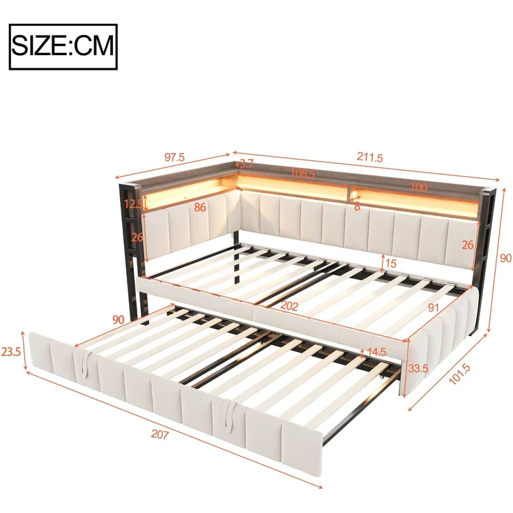 Merax Einzelbett, 90x200cm Polsterbett, Schlafsofa, mit Ausziehbett, LED-Beleuchtung und Ablagefächern am Kopf- und Fußende, Ausgestattet mit USB- und Typ-C-Anschlüssen, Samtstoff Beige – Bild 4