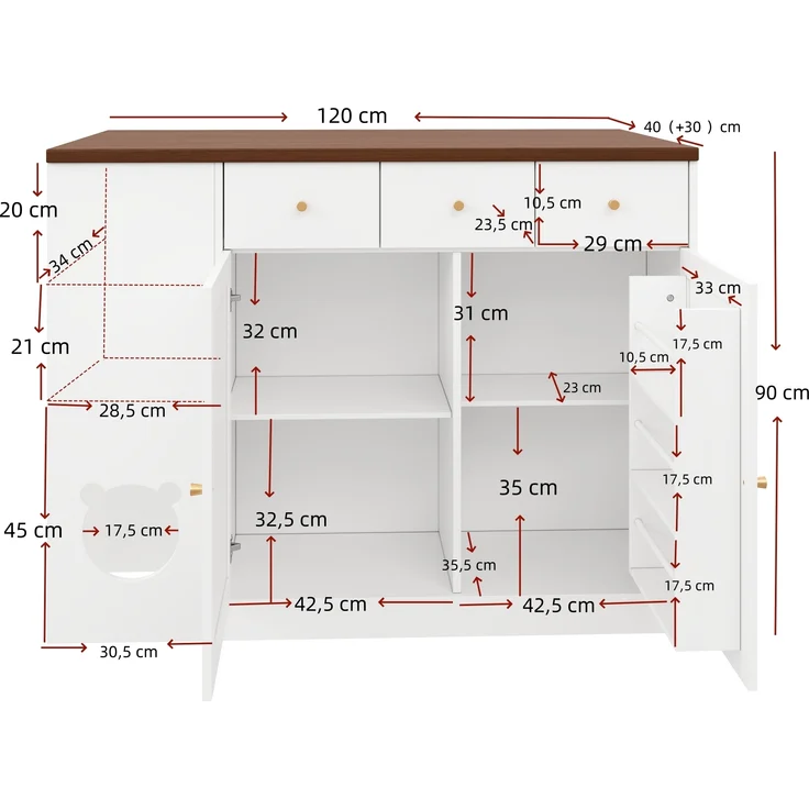 Merax Kücheninsel, Küchenwagen & Sideboard mit Schubladen – mit ausziehbarer Arbeitsplatte, Würzregal, Haustierfressbereich (ohne Katzensteller), Weiß + Nussbaumfarbe – Bild 4