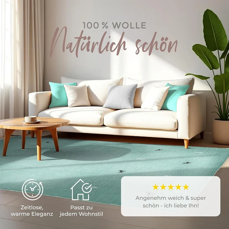 carpetfine 'Gabbeh Uni' Wollteppich, reine Wolle, Türkis, 60x90 cm – Bild 3