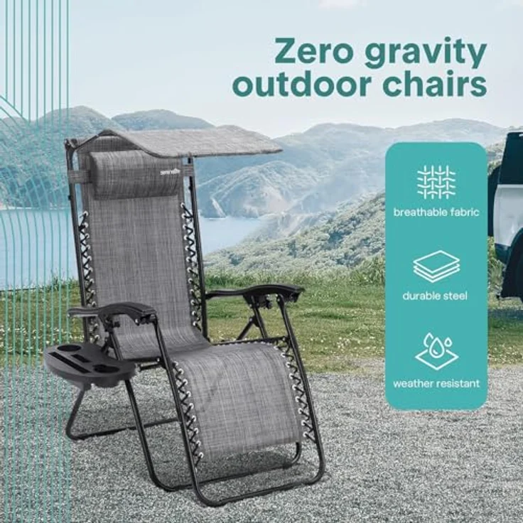 SereneLife Liegestuhl Klappbar 2er Set, Gartenliege Wetterfest für Balkon, Strand, Terrasse & Garten, Campingstuhl mit Sonnendach, Beistelltisch & Getränkehalter, Relaxliege mit Stahlrahmen, Schwarz – Bild 5