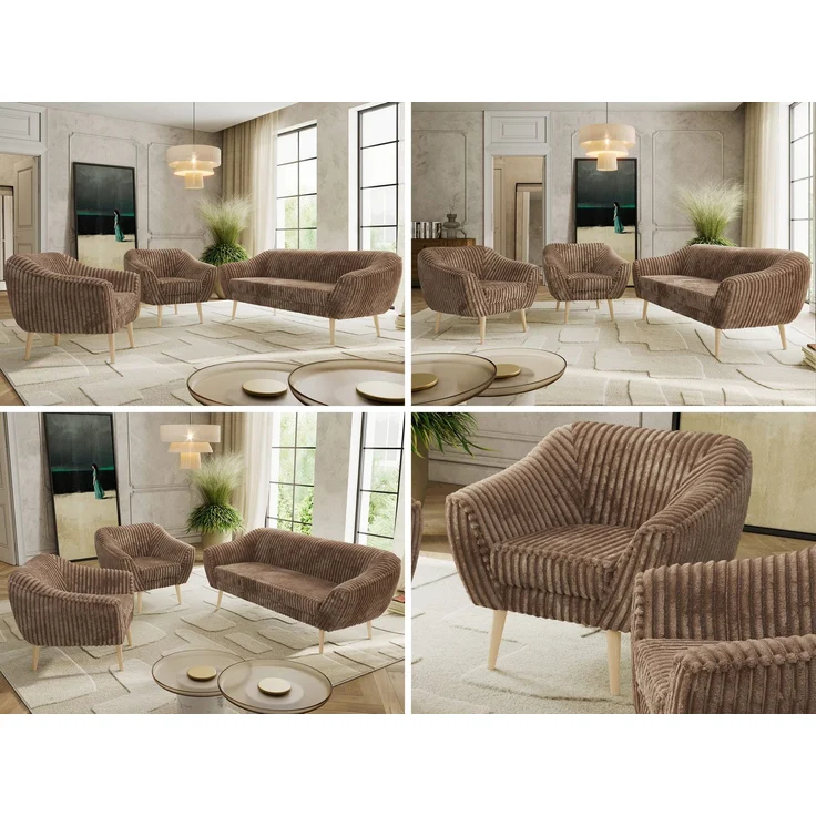 Wohnzimmerset PIRS 1-1-3, Skandinavisches 3-Sitzer Sofa mit Sesseln, Sofa mit Wellenfederung, Buche Füße, Skandinavisches Möbelset - Braun Cord – Bild 2
