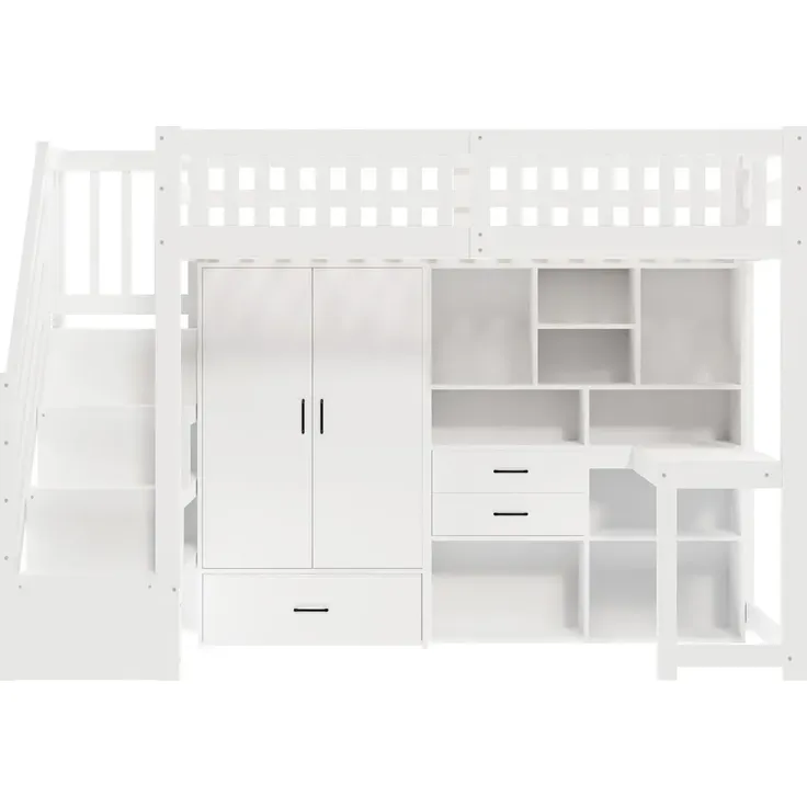 Hochbett mit Schreibtisch, Kleiderschrank, Regal, Lattenrost und Rausfallschutz, 90x200cm, Kinderbett, Stauraum, Jugendbett, Kiefer – Bild 7
