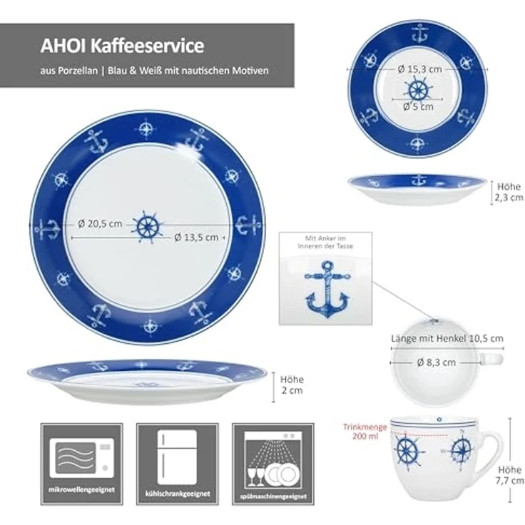 MamboCat Kaffeeservice Ahoi 18tlg Kaffeeservice Porzellan 6Pers Tasse Teller Anker nautisch, Porzellan – Bild 6
