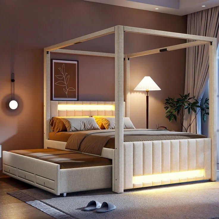 Odikalo Polsterbett 140x200 Himmelbett mit Ausziehbett LED & Schubladen (mit Ausziehbett und drei Schubladen, LED-Beleuchtung) – Bild 1