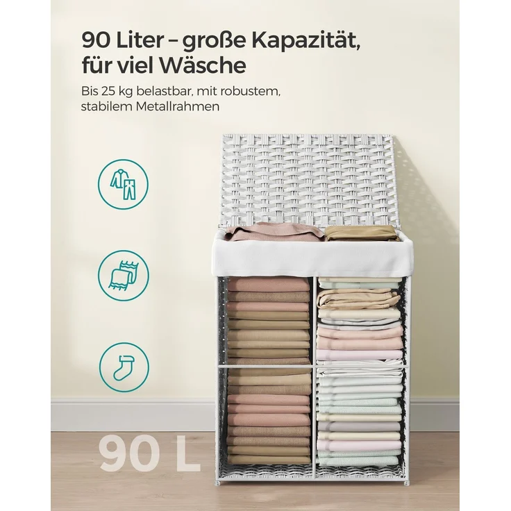 Songmics Wäschekorb handgeflochten, Rattan Weiß, 90L 46 x 33 x 60 cm – Bild 3