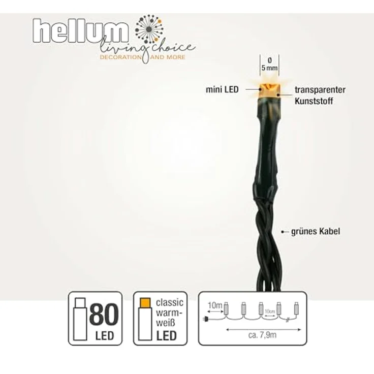 hellum Lichterkette außen 80 LED klassisch warmweiß, Lichterkette mit Timer, Weihnachtsbuambeleuchtung außen, LED Lichterkette außen, LED Lichterkette 7,9m, Kabelfarbe grün – Bild 3
