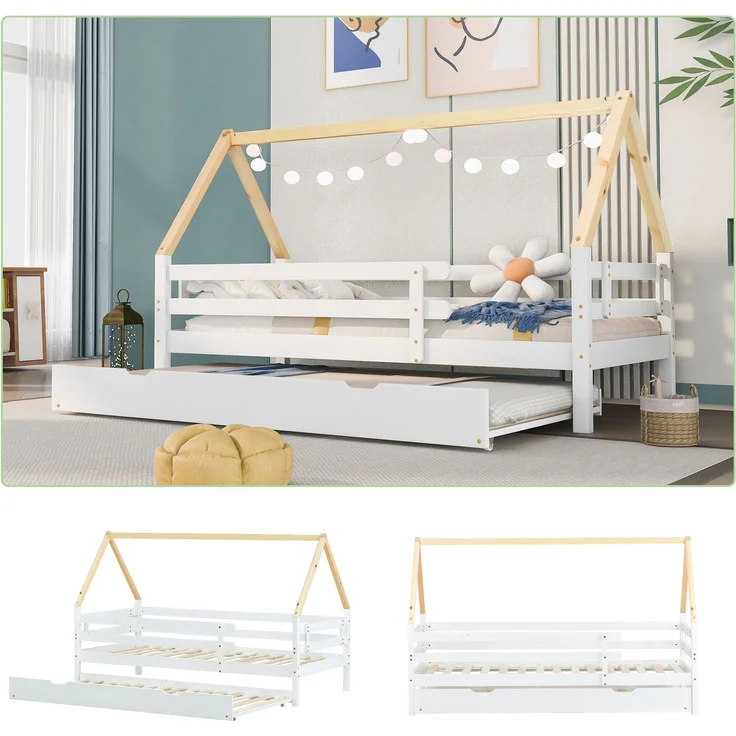 Baumhausbett, Tagesbett, Einzelbett, Kinderbett, Ausziehbett, Schiebebett mit Rollen unten, Massivholz, weißes Bett, naturfarbener Dachstuhl (90x200 & 90x190CM) – Bild 7